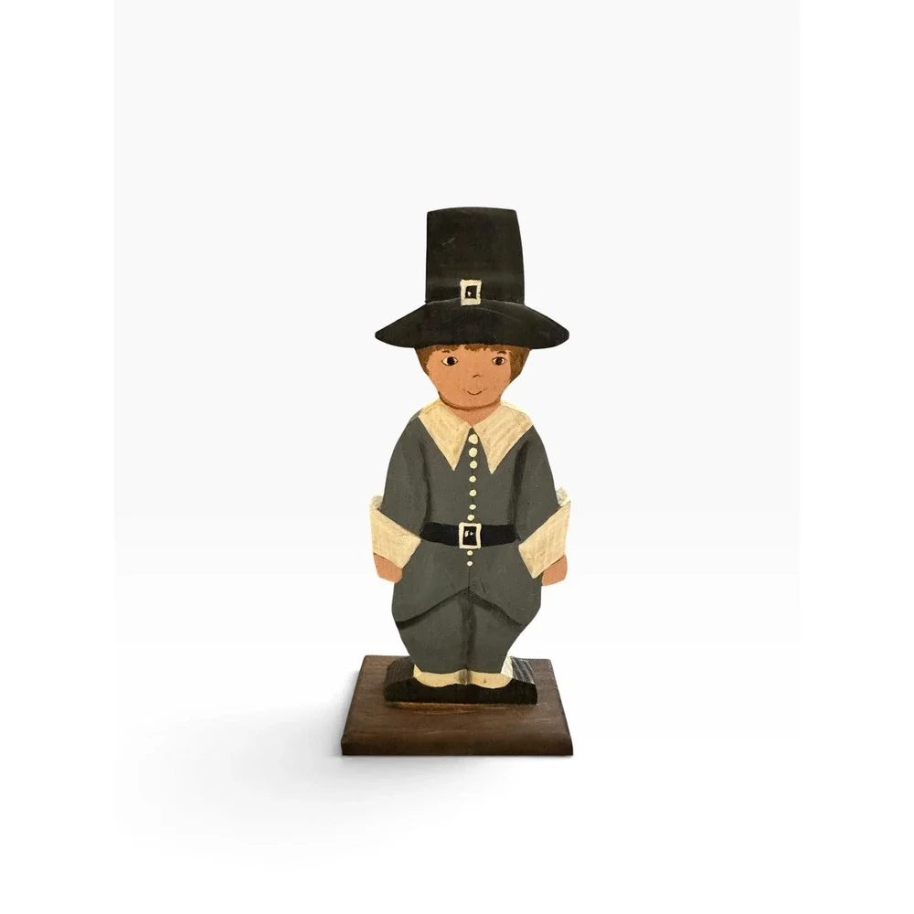Hand-Painted Vintage Thanksgiving Pilgrim Wooden Figurines